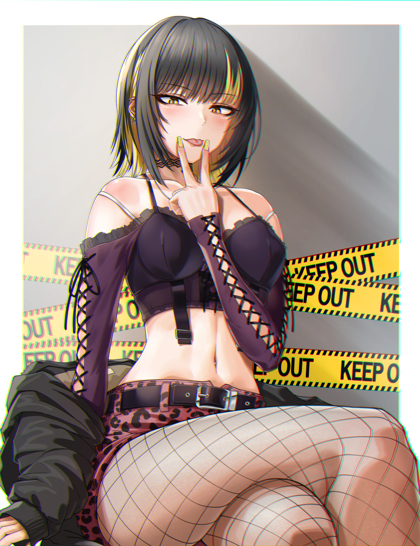 1girl, absurdres, animal_print, arm_support, bangs, bare_shoulders, belt, black_belt