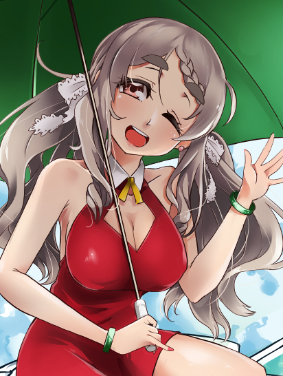 1girl, alternate_costume, alternate_hairstyle, bare_shoulders, braid, braided_bangs, brown_eyes, collarbone