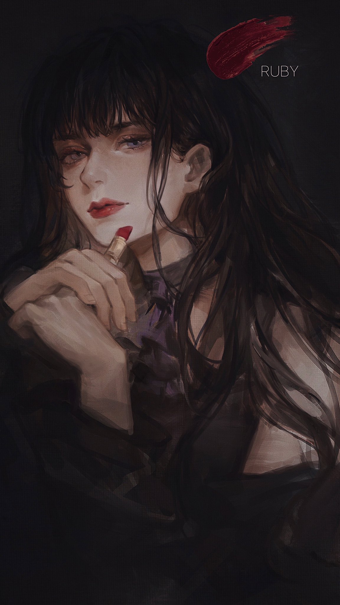 1girl, bangs, black_background, black_dress, black_hair, contrast, cosmetics, dress