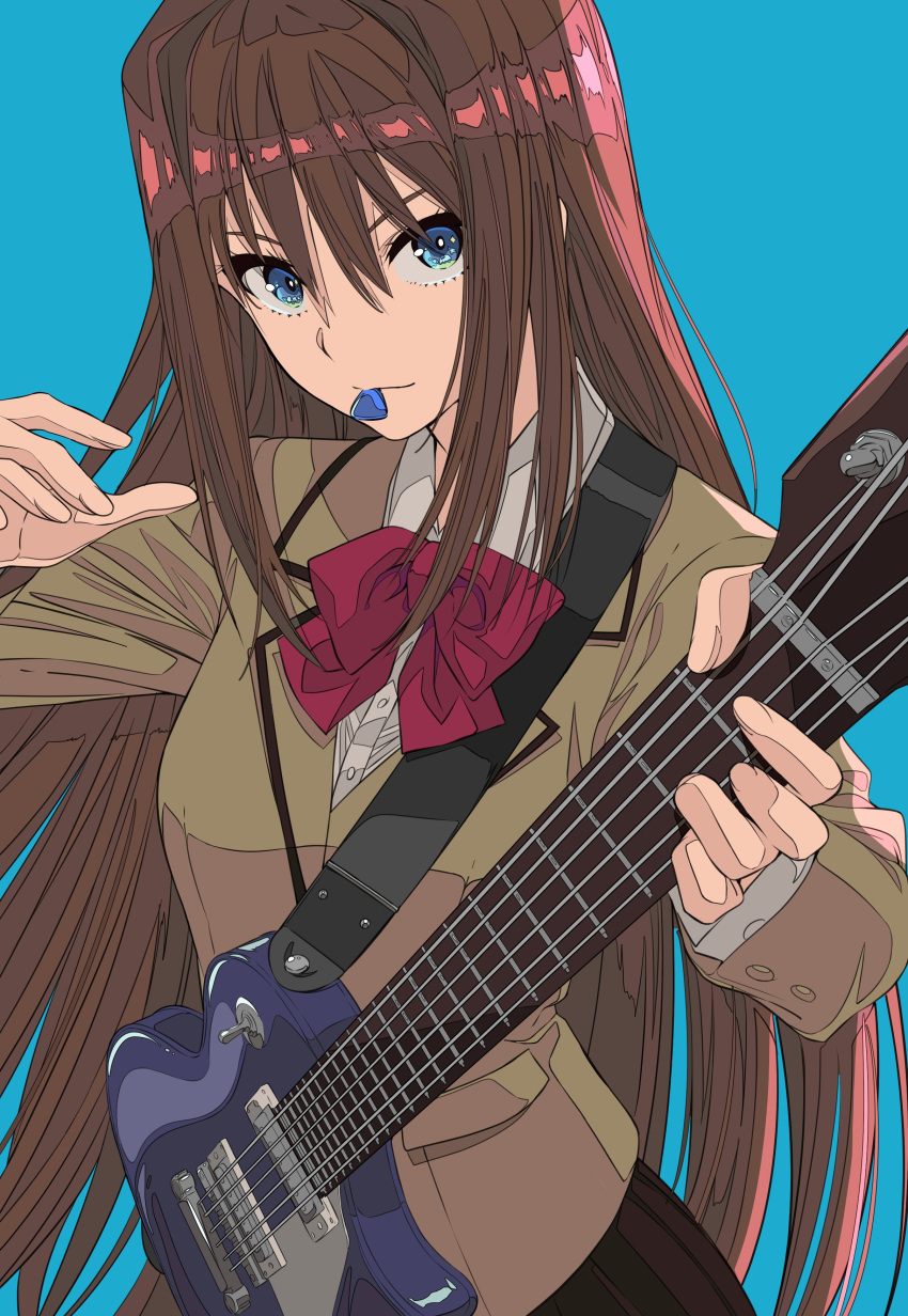 1girl, absurdres, aozaki_aoko, bangs, black_skirt, blazer, blue_background, blue_eyes