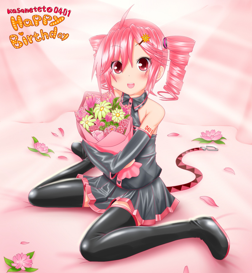 1girl, bare_shoulders, belt, black_legwear, black_shirt, black_skirt, black_sleeves, bouquet
