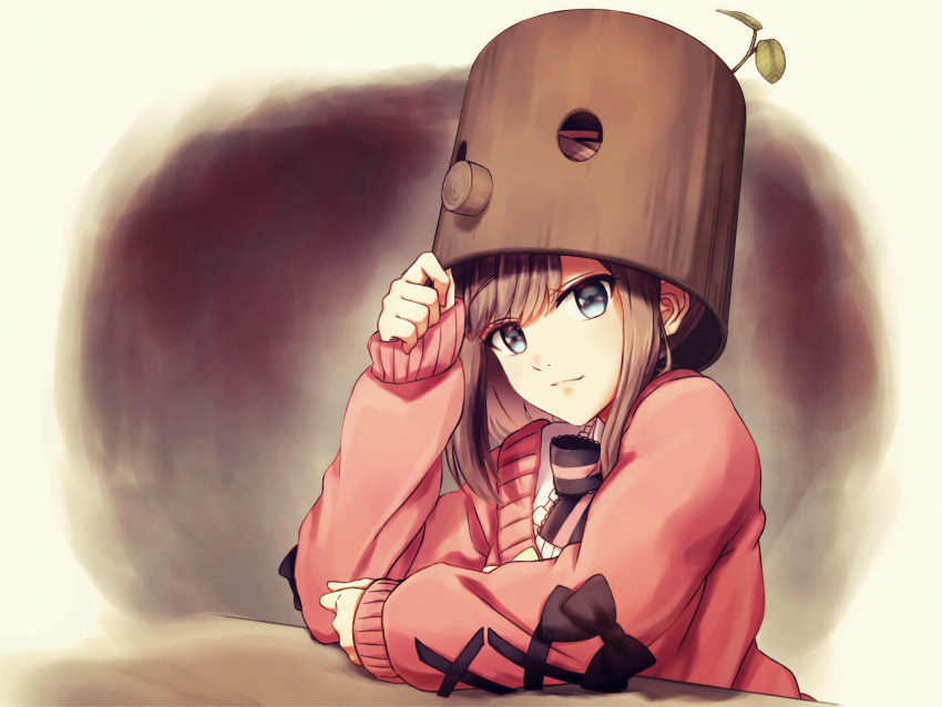 1girl, blouse, blue_eyes, brown_hair, ears, eyebrows_visible_through_hair, headwear_removed, helmet