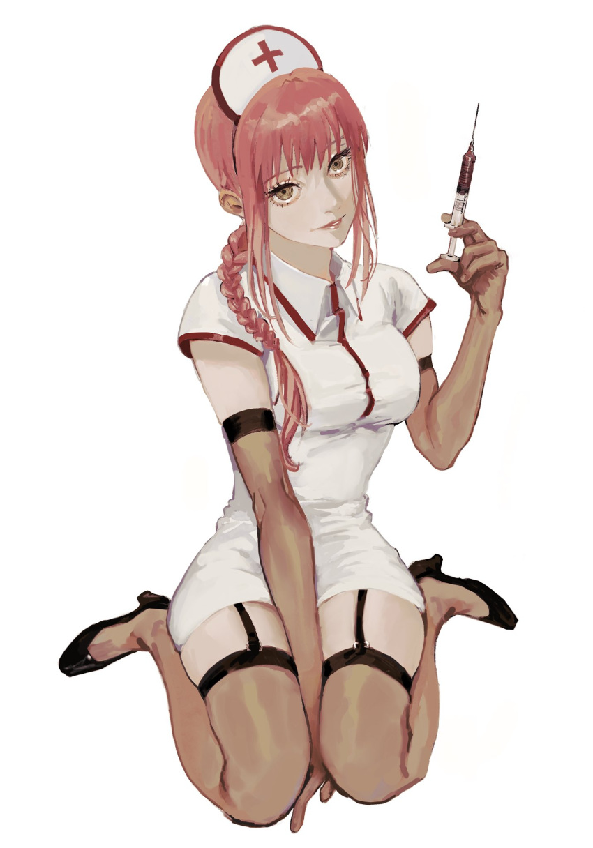 1girl, alternate_costume, between_legs, black_footwear, braid, braided_ponytail, breasts, brown_gloves