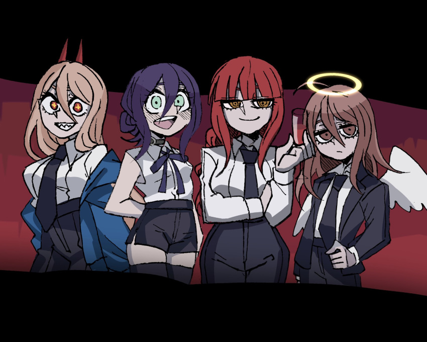 +_+, 1boy, 3girls, alcohol, angel, angel_devil_(chainsaw_man), angel_wings, arm_behind_back