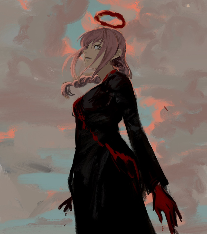 1girl, black_dress, blood, bloody_hands, braid, braided_ponytail, breasts, chainsaw_man