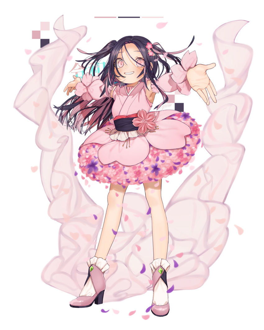1girl, absurdres, black_hair, black_sash, cherry_blossoms, commentary, flower, flower_skirt, full_body, gotoh510, hair_flower, hair_ornament, high_heels, highres, japanese_clothes, kimono, kimono_skirt, long_hair, looking_at_viewer, multicolored_hair, obi, original, outstretched_arms, parted_lips, petals, pink_eyes, pink_footwear, pink_hair, pink_kimono, reiwa, sash, smile, solo, two-tone_hair, two_side_up, white_background