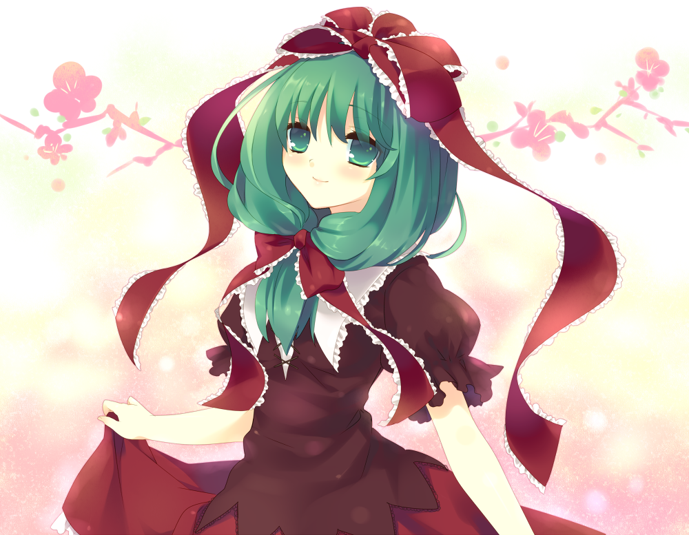 dress, dress_lift, flower, green_eyes, green_hair, hair_ribbon, kagiyama_hina, nekoiro