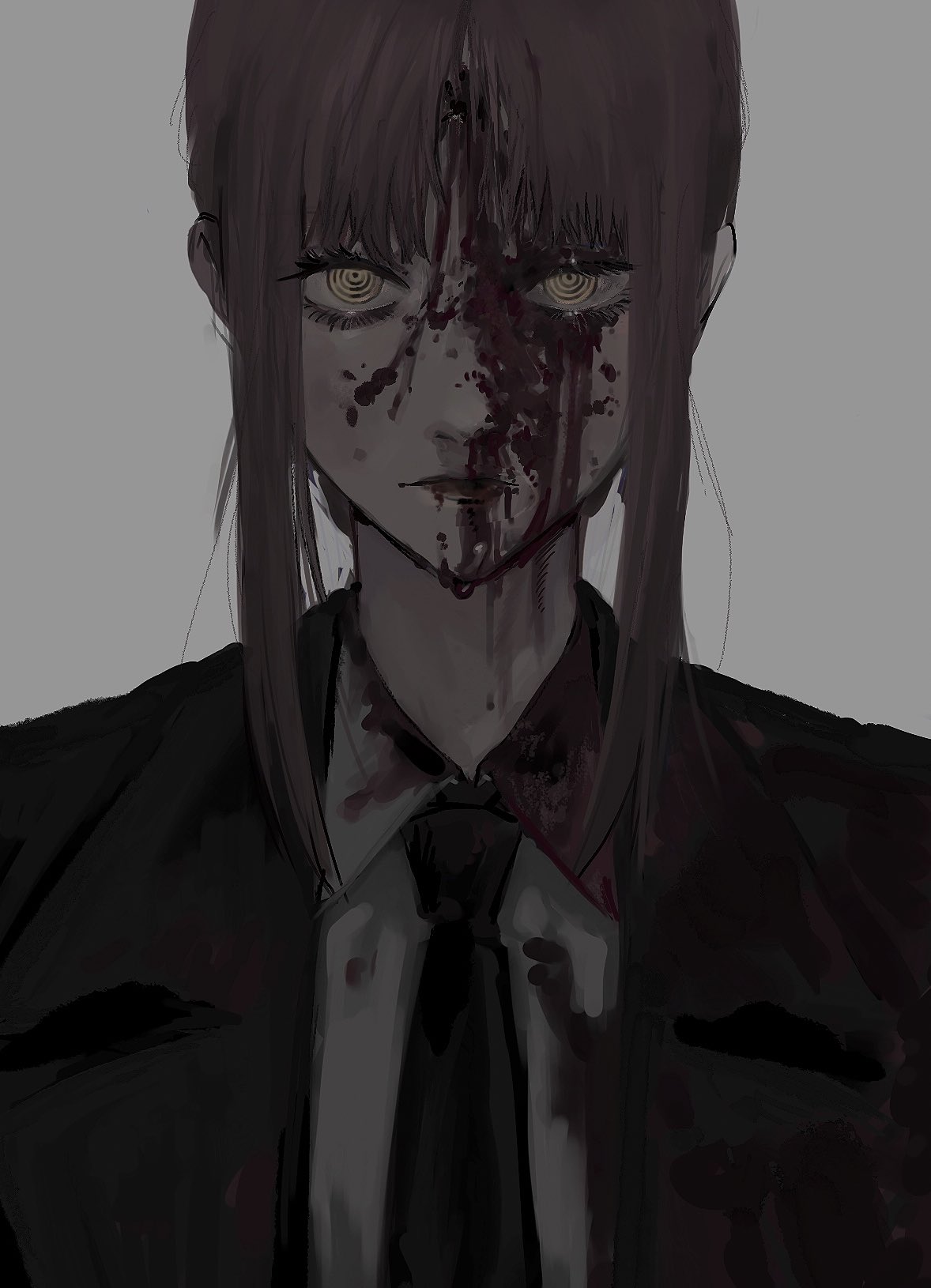 1girl, black_jacket, black_neckwear, black_suit, blood, blood_on_face, blood_splatter, bloody_clothes