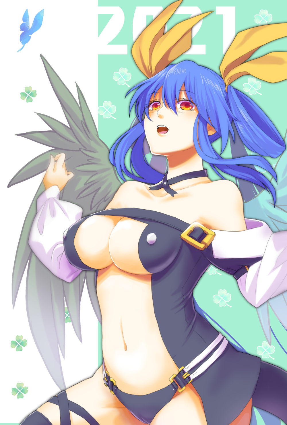 1girl, 2021, asymmetrical_wings, bare_shoulders, belt, black_panties, blue_hair, breasts