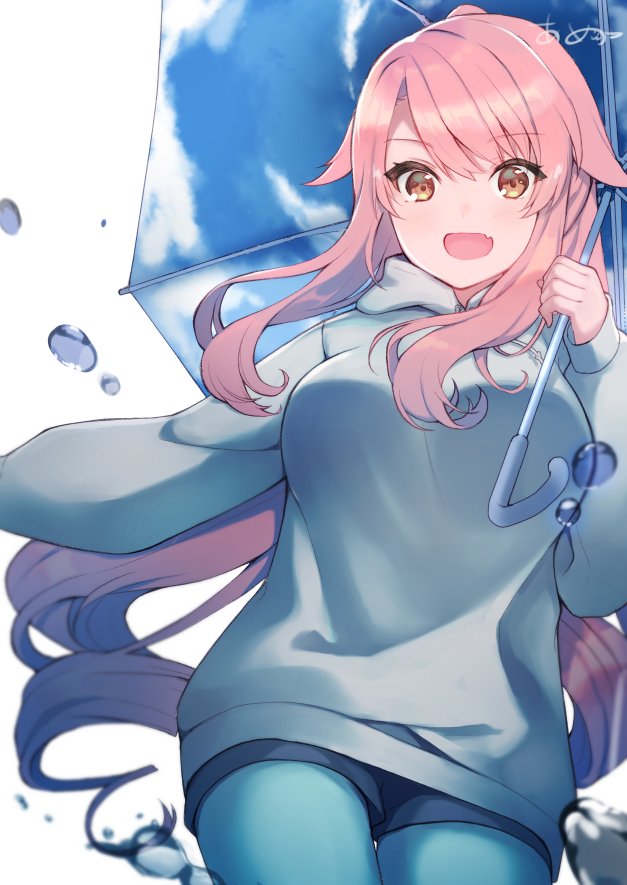 1girl, :d, ameshizuku_natsuki, bangs, blue_legwear, blush, breasts, commentary_request