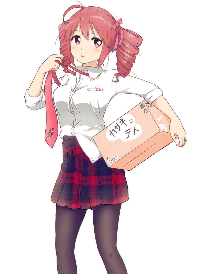 1girl, ahoge, blush, box, commentary, drill_hair, feet_out_of_frame, gabrieltenma77
