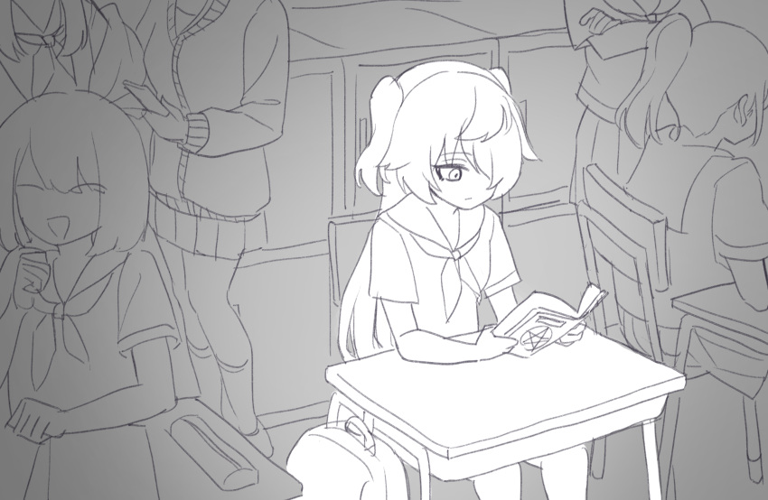 5girls, alternate_costume, bag, bangs, book, cardigan, chair, classroom