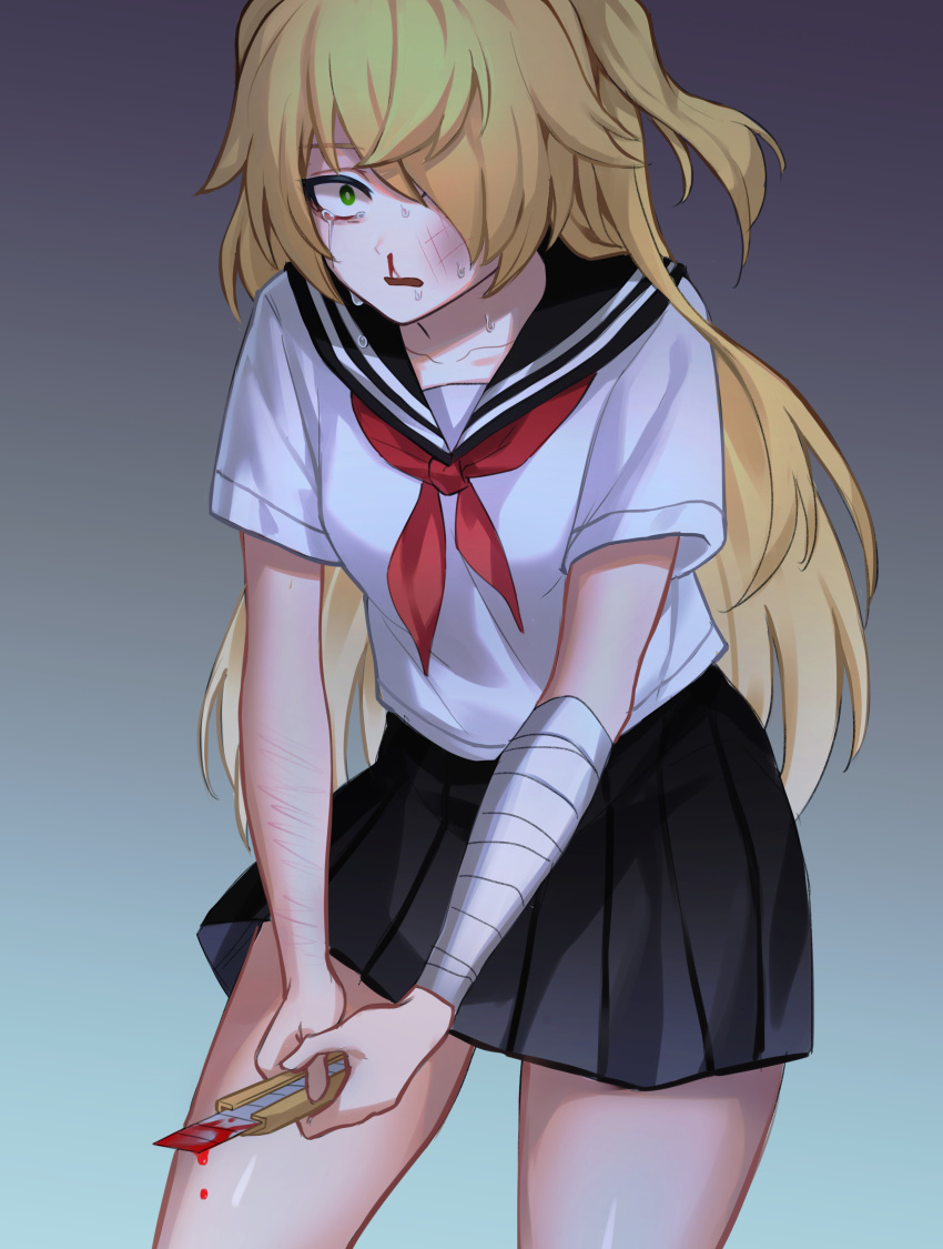 1girl, absurdres, alternate_costume, bandaged_arm, bandages, bangs, black_skirt, blonde_hair
