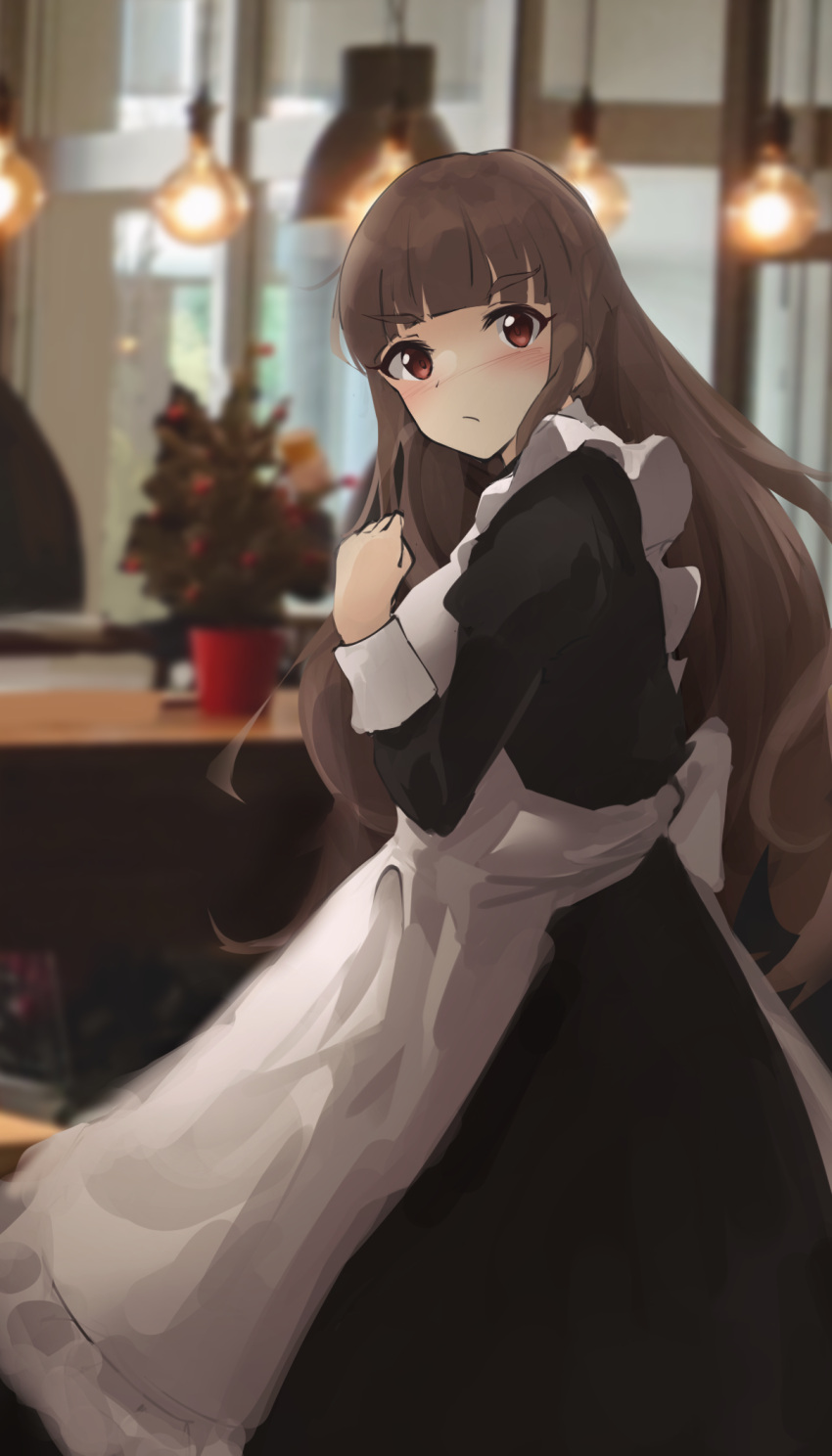 1girl, alternate_costume, alternate_hairstyle, apron, arm_up, bangs, blunt_bangs, blurry, blush, breasts, brown_hair, depth_of_field, enmaided, eyebrows_visible_through_hair, frilled_apron, frills, frown, highres, idolmaster, idolmaster_cinderella_girls, kamiya_nao, large_breasts, light_bulb, long_hair, looking_at_viewer, looking_to_the_side, maid, maid_cafe, shenko_(frontier084), sleeve_cuffs, solo