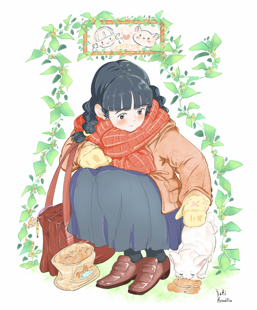 1girl, bag, bangs, black_legwear, blush, braid, brown_bag, brown_coat