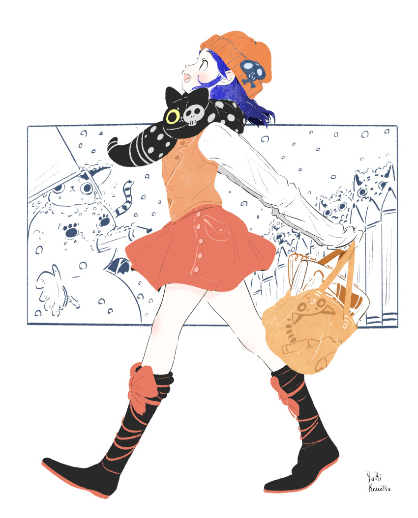 1girl, absurdres, beanie, black_footwear, blue_hair, blush, boots, full_body