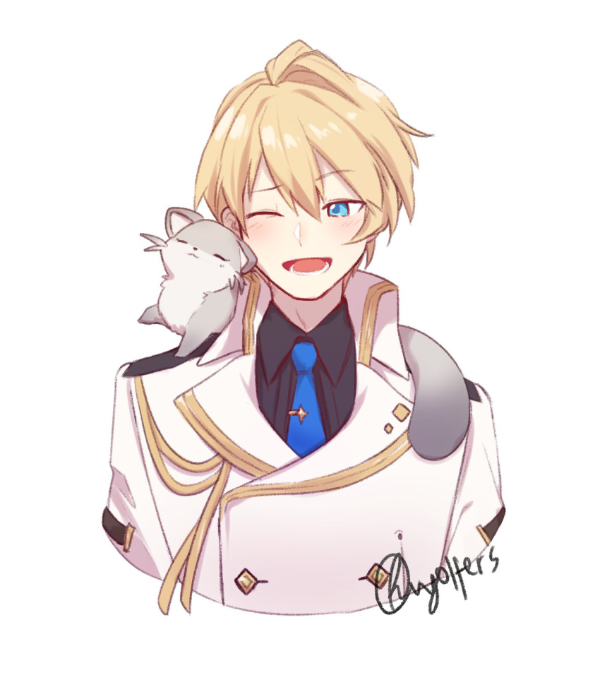 1boy, artist_name, black_shirt, blonde_hair, blue_eyes, blue_neckwear, blush, closed_eyes, collared_shirt, embarrassed, english_commentary, ferret, hair_behind_ear, highres, hiyamaru, holostars, jacket, kishido_temma, looking_to_the_side, necktie, one_eye_closed, open_mouth, pet, shirt, solo_focus, upper_body, vyolfers, white_background, white_jacket