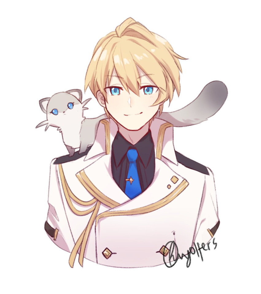 1boy, artist_name, black_shirt, blonde_hair, blue_eyes, blue_neckwear, collared_shirt, english_commentary