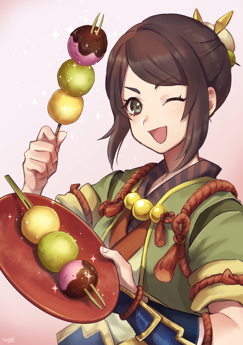 1girl, ;d, absurdres, brown_hair, dango, food, green_eyes, green_shirt