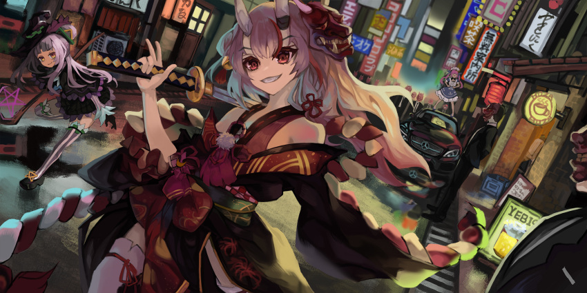 bangs, bare_shoulders, bell, black_footwear, black_gloves, black_headwear, black_kimono, black_skirt, blue_dress, bow, car, cityscape, dress, drill_hair, eyebrows_visible_through_hair, formal, frilled_dress, frills, gloves, grin, ground_vehicle, hair_bell, hair_ornament, hair_ribbon, hand_up, hat, hexagram_hair_ornament, highres, hololive, horn_ornament, horns, hoza, japanese_clothes, jingle_bell, katana, kimono, kouhaku_nawa, long_hair, long_sleeves, looking_at_viewer, lowleg, lowleg_skirt, maid, maid_headdress, mask, mask_on_head, minato_aqua, motor_vehicle, multicolored_hair, murasaki_shion, nakiri_ayame, obi, off_shoulder, oni, oni_horns, oni_mask, purple_hair, red_eyes, redhead, ribbon, ribbon_trim, sash, short_dress, side_bun, silver_hair, skirt, smile, solo, staff, star_(symbol), streaked_hair, striped, striped_legwear, suit, sword, thigh-highs, tilted_headwear, twin_drills, two_side_up, vertical-striped_legwear, vertical_stripes, very_long_hair, virtual_youtuber, weapon, witch_hat, yellow_eyes