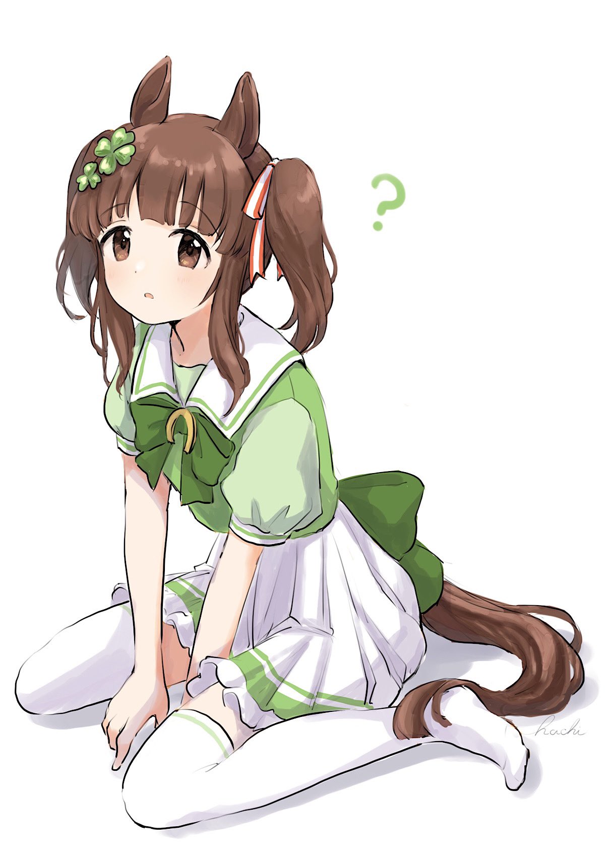 1girl, :o, ?, alternate_costume, animal_ears, bangs, brown_hair, clover_hair_ornament