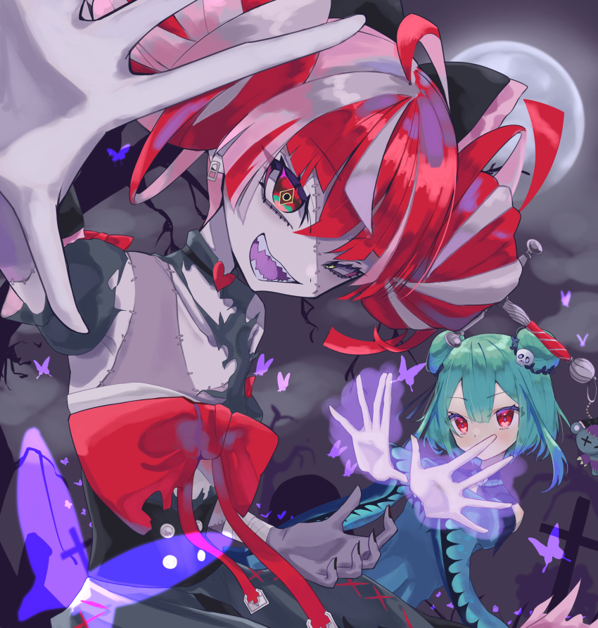 2girls, ahoge, black_dress, bow, double_bun, dress, dress_bow, eyelashes