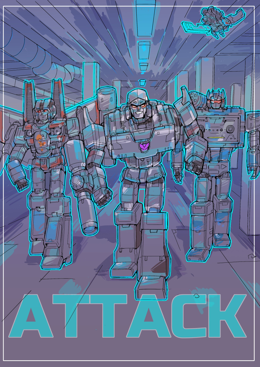 4boys, absurdres, airplane_wing, arm_cannon, clenched_hands, decepticon, glowing, glowing_eyes