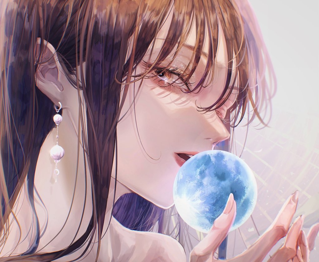 1girl, bangs, bare_shoulders, brown_eyes, close-up, earrings, eyebrows_behind_hair, hair_behind_ear, hands_together, jewelry, jiao_fulun, looking_to_the_side, open_hand, open_mouth, orb, original, solo, upper_body