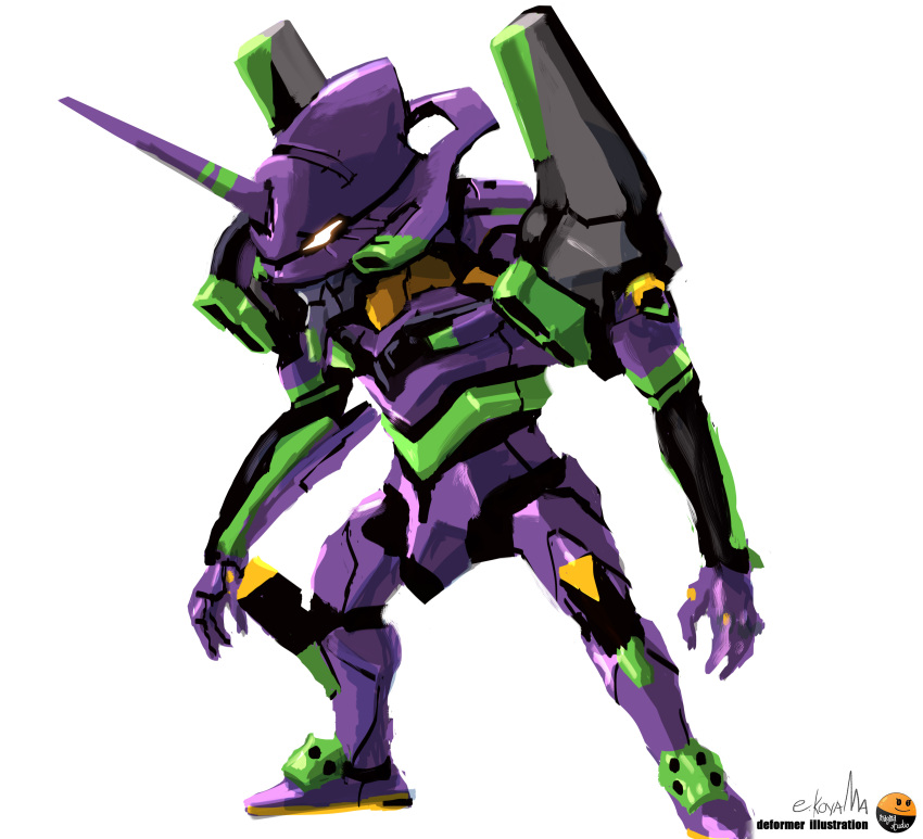 absurdres, artist_name, chibi, eva_01, glowing, glowing_eye, highres, horns, looking_ahead, magmastudio, mecha, neon_genesis_evangelion, no_humans, orange_eyes, rebuild_of_evangelion, single_horn, solo, white_background