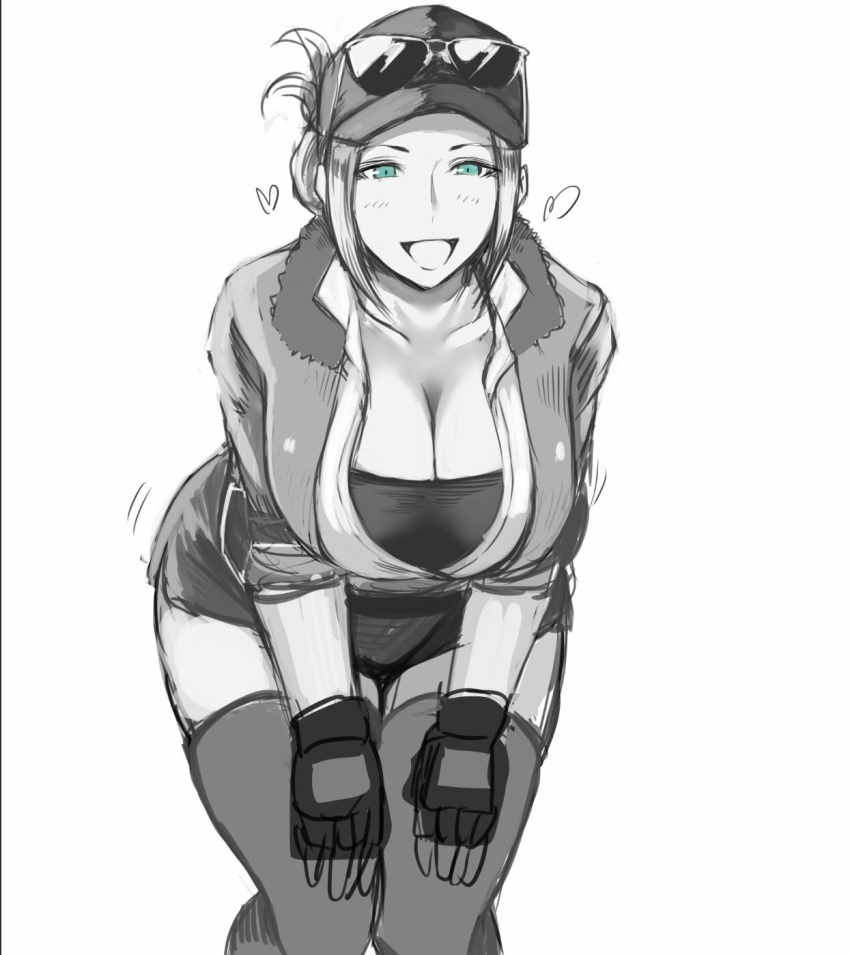 breasts, final_fight, green_eyes, greyscale, hat, heart, highres, kneeling