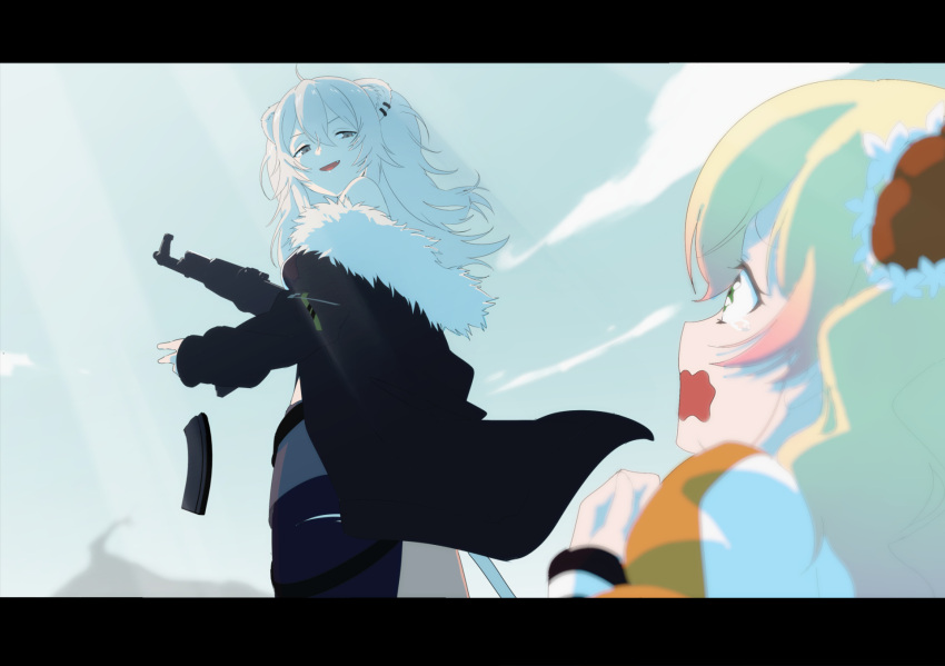 2girls, ak-47, animal_ears, assault_rifle, crying, gun, highres, hololive