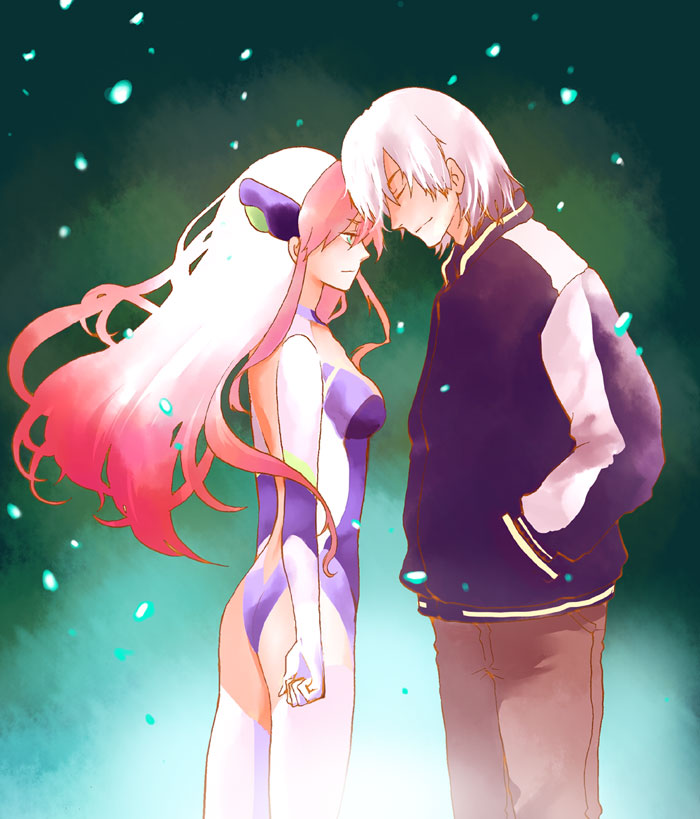 1boy, 1girl, ass, birdy_cephon_altirra, blue_leotard, breasts, closed_eyes, expressionless, face-to-face, floating_hair, forehead-to-forehead, green_eyes, headgear, heads_together, jacket, leotard, long_hair, long_sleeves, medium_breasts, nataru_shinmyou, nobicco, pants, pink_hair, skin_tight, standing, tetsuwan_birdy_decode, track_jacket