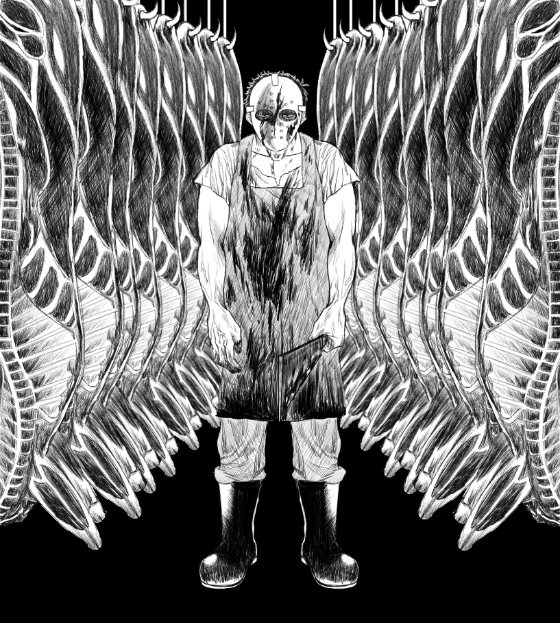 1boy, apron, black_background, blood, boots, full_body, greyscale, hanging_food, hockey_mask, holding, holding_weapon, machete, male_focus, mama_garr, matsuno_ichimatsu, monochrome, official_alternate_costume, osomatsu-kun, osomatsu-san, pig, pork, simple_background, solo, standing, veins, weapon