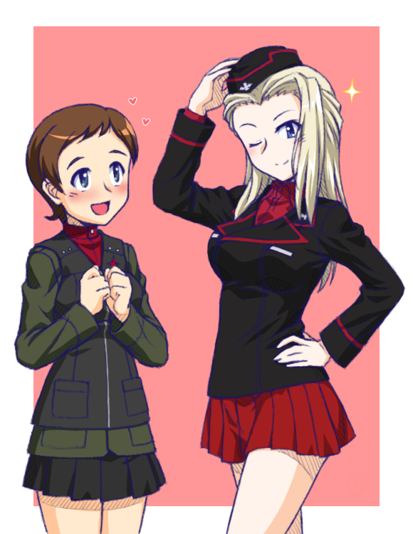 2girls, ;), bangs, black_headwear, black_jacket, black_skirt, black_vest, blonde_hair
