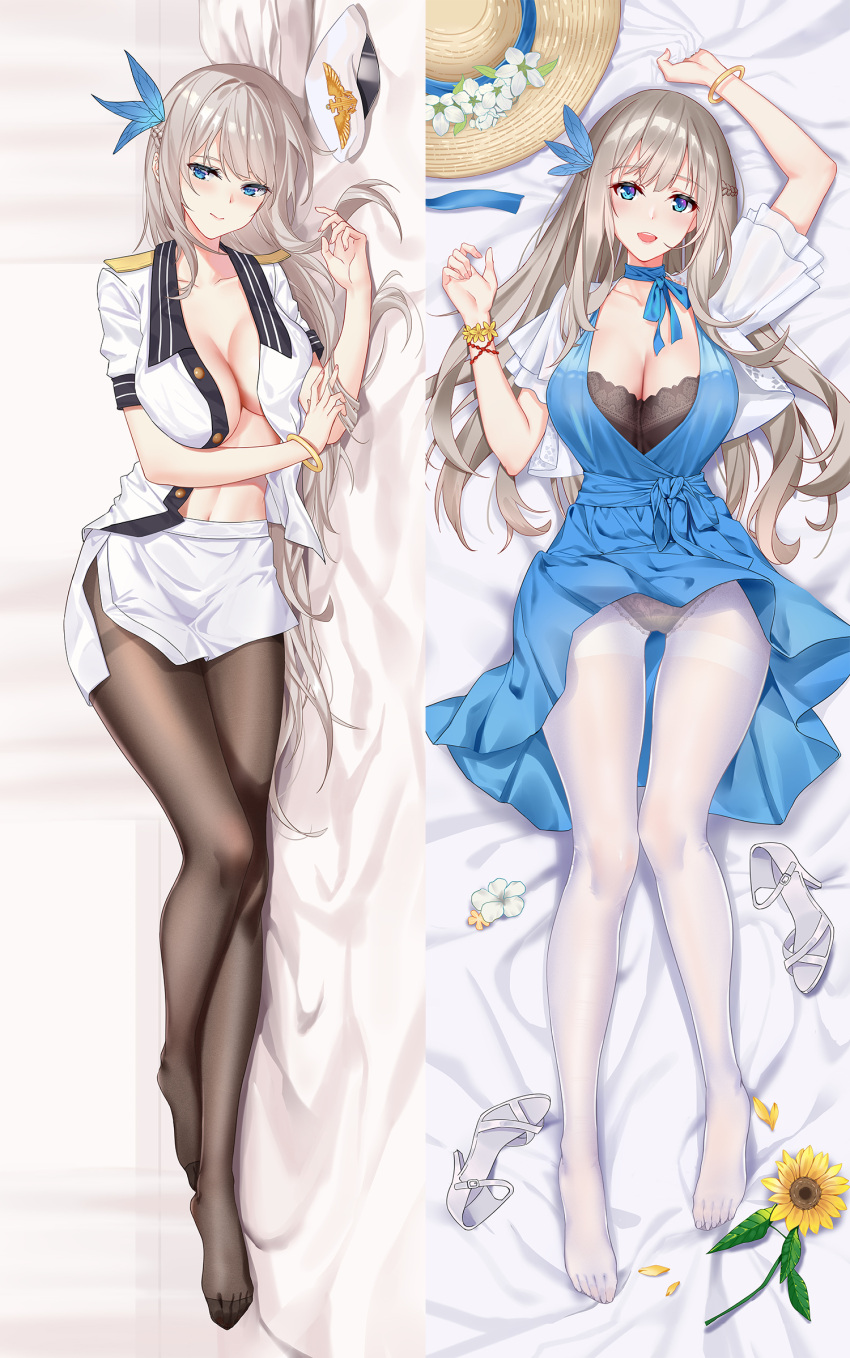 5plus, black_legwear, blue_eyes, dakimakura_(medium), feet, highres, lexington_(warship_girls_r), panties, panties_under_pantyhose, pantyhose, underwear, warship_girls_r, whi, white_legwear