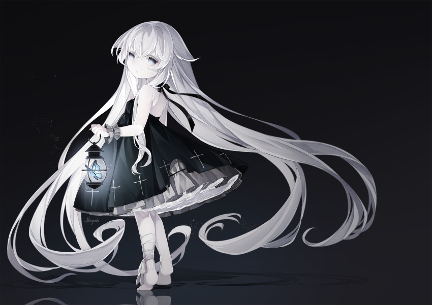 1girl, bandaged_leg, bandages, bangs, bare_shoulders, barefoot, black_dress, bug