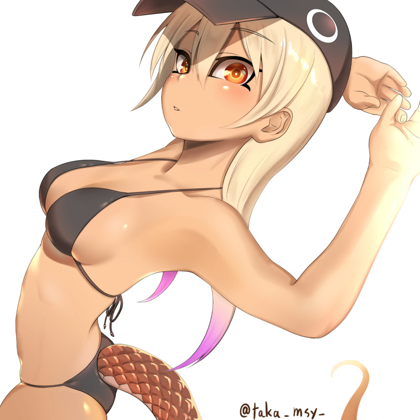 1girl, armpits, arms_behind_head, arms_up, back, baseball_cap, bikini, black_bikini
