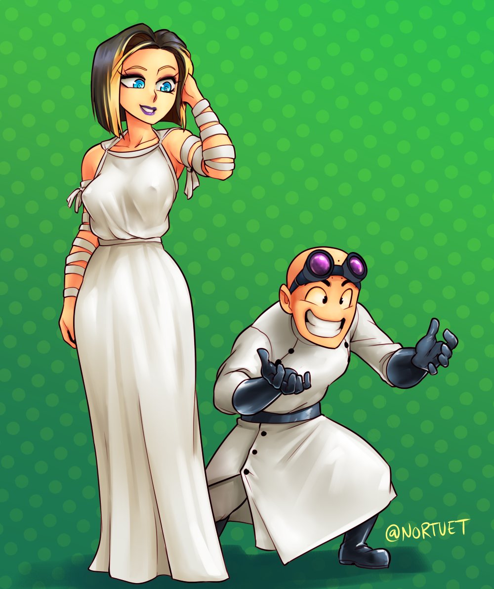 1boy, 1girl, alternate_hair_color, android_18, aqua_eyes, bald, bandages, black_footwear