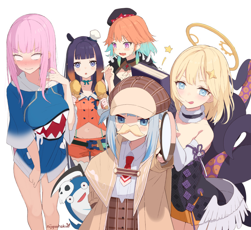 5girls, absurdres, asymmetrical_gloves, bangs, black_dress, blonde_hair, blue_eyes, blue_hair