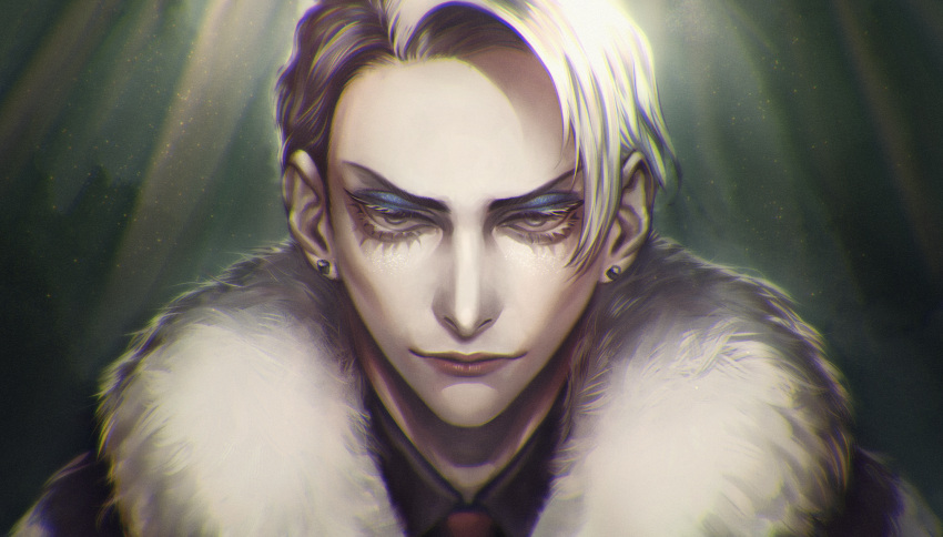 1boy, chromatic_aberration, divus_crewel, earrings, face, fur_collar, grey_eyes, highres
