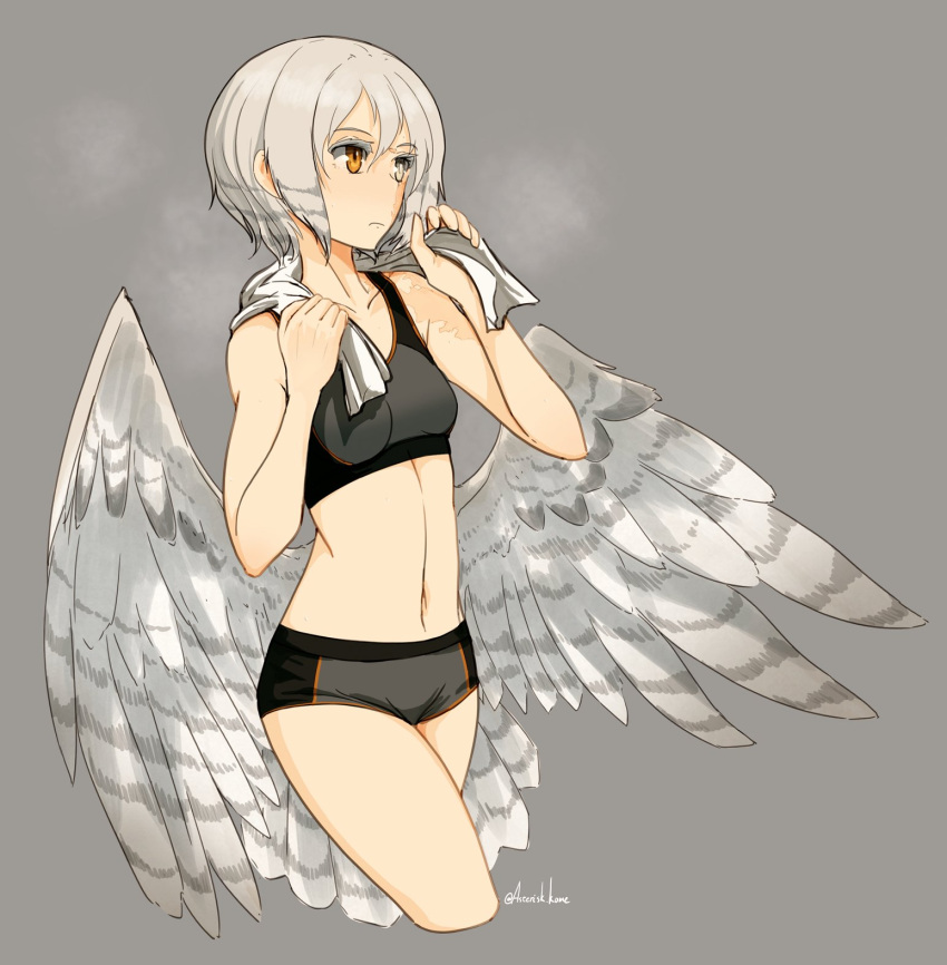 1girl, asterisk_kome, bikini, black_bikini, breasts, brown_background, cowboy_shot, cropped_legs, feathered_wings, frances_royce, heterochromia, highres, navel, orange_eyes, scar, scar_on_arm, short_hair, simple_background, small_breasts, solo, sports_bikini, swimsuit, towel, twitter_username, white_eyelashes, white_eyes, white_hair, white_wings, winged_fusiliers, wings