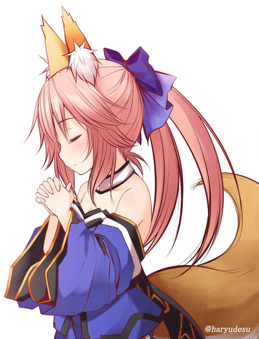 1girl, animal_ear_fluff, animal_ears, blue_bow, blue_kimono, bow, closed_eyes, detached_sleeves