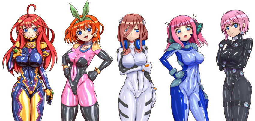 5girls, ahoge, black_bodysuit, blue_bodysuit, blue_eyes, bodysuit, breasts, brown_hair