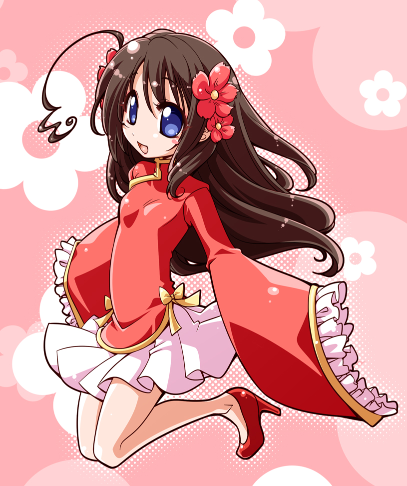 axis_powers_hetalia, blue_eyes, brown_hair, flower, hair_flower, hair_ornament, high_heels, long_hair