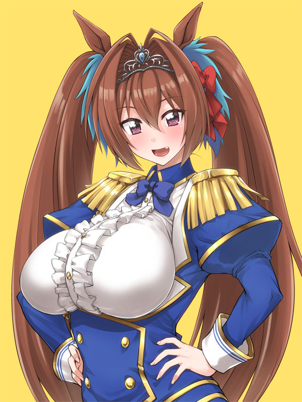 1girl, animal_ears, bangs, blue_dress, blush, breasts, brown_hair, daiwa_scarlet_(umamusume)