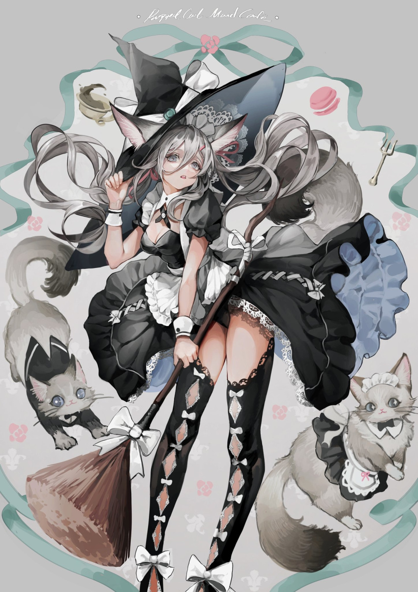 1girl, animal, animal_ears, black_dress, bow, broom, cat, cat_ears