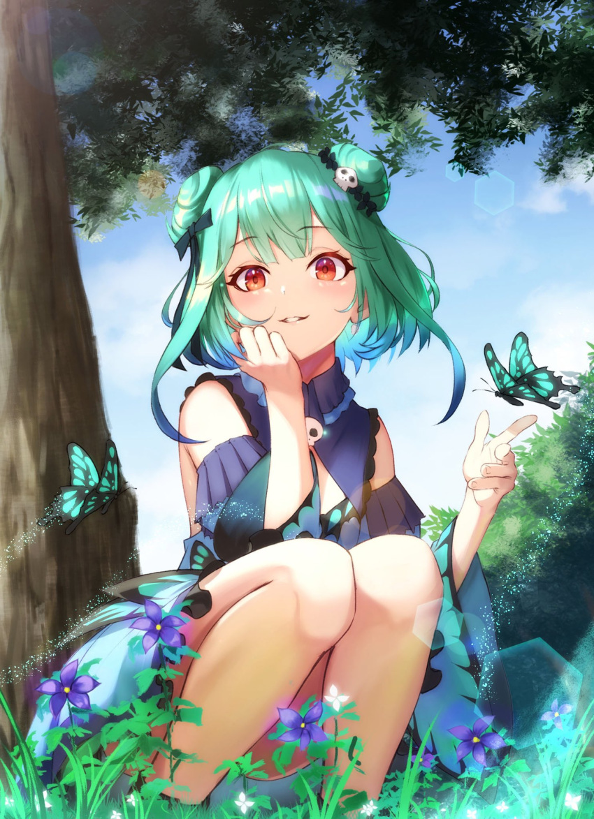 1girl, animal_print, bangs, bare_shoulders, blue_dress, blue_sleeves, brooch, bug