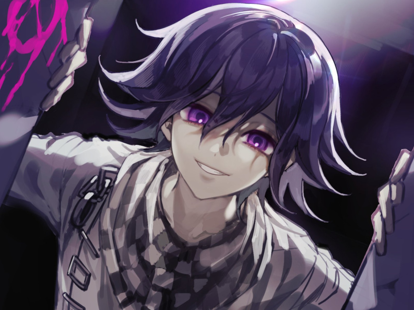 1boy, bangs, black_hair, blood, checkered, checkered_scarf, dangan_ronpa_(series), dangan_ronpa_v3:_killing_harmony