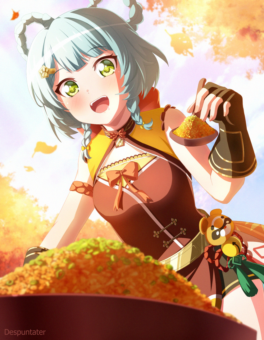 +_+, 1girl, :d, alternate_hairstyle, aqua_hair, artist_name, bang_dream!, bangs