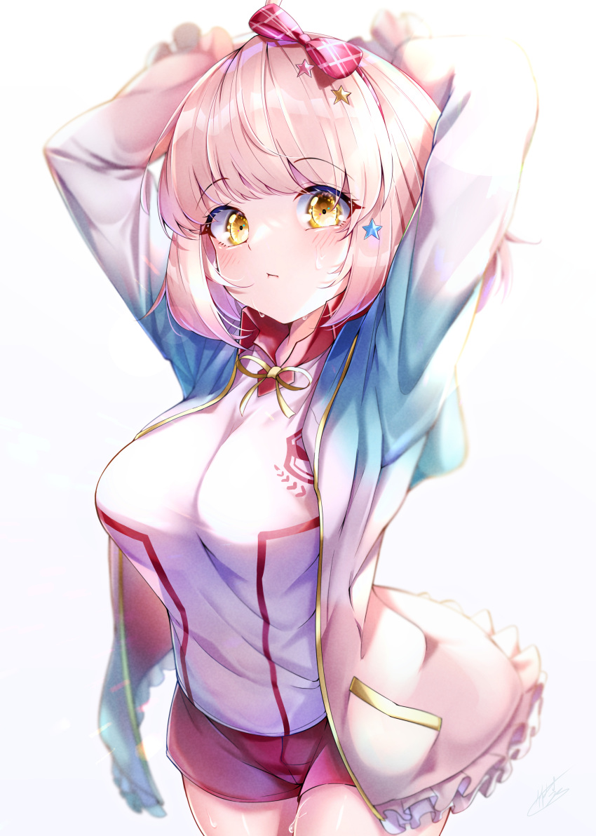 1girl, absurdres, arms_behind_head, arms_up, bangs, blue_jacket, blush, bow, breasts, chieru_(princess_connect!), collared_shirt, commentary_request, eyebrows_visible_through_hair, gradient, gradient_jacket, hair_bow, hair_ornament, highres, jacket, large_breasts, long_sleeves, looking_at_viewer, multicolored, multicolored_clothes, multicolored_jacket, neck_ribbon, open_clothes, open_jacket, pink_bow, pink_hair, pink_jacket, princess_connect!, princess_connect!_re:dive, red_shorts, ribbon, shirt, short_hair, short_shorts, shorts, sidelocks, solo, standing, star_(symbol), star_hair_ornament, takemura_kou, white_shirt, yellow_eyes, yellow_neckwear, yellow_ribbon